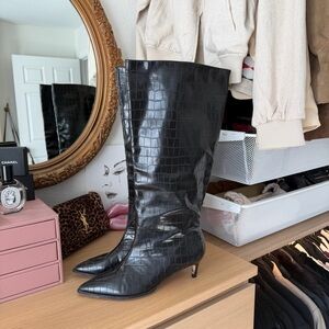 ASOS Black Wide calf Croc-Embossed Knee-High Boots Sz 41